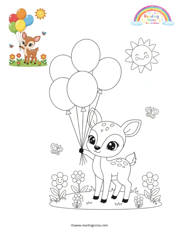 Free colouring page: Baby Deer & Bunch of Balloons