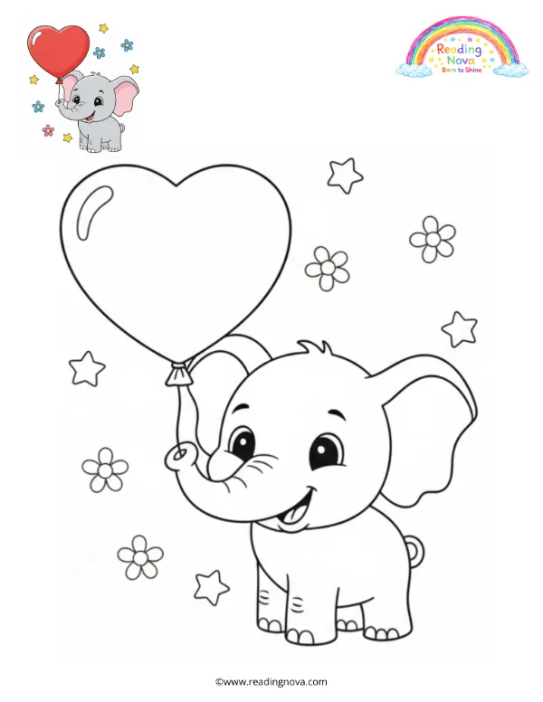 Free colouring page: Baby Elephant Playing Heart Balloon