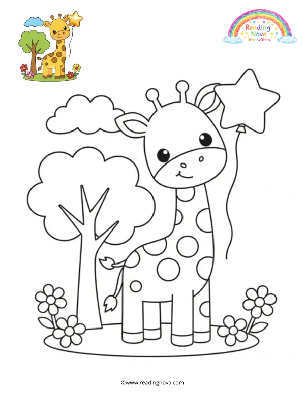 Free colouring page: Baby Giraffe & Star Balloon