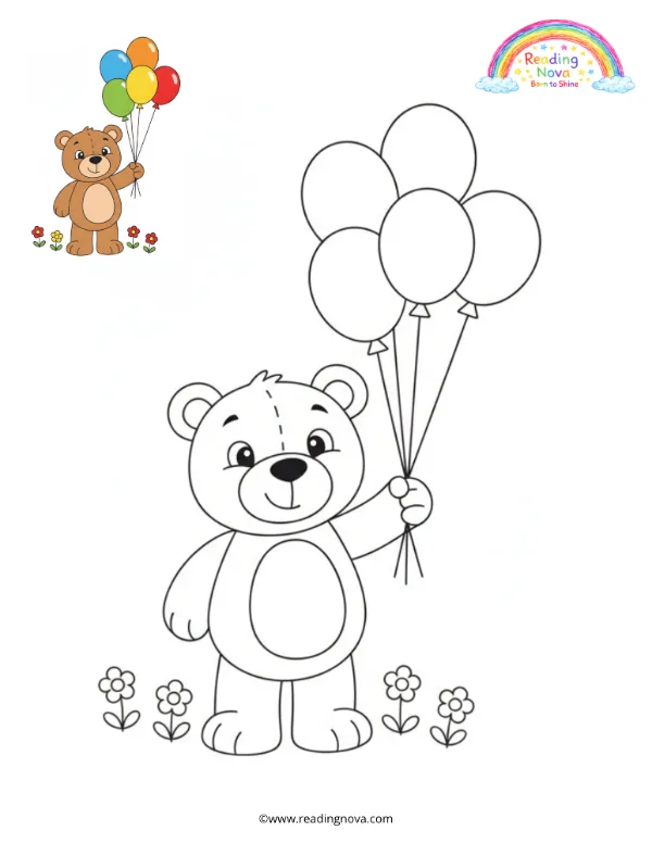 Free colouring page: Bear Holding Balloons