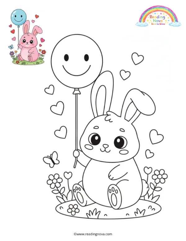 Free colouring page: Bunny Holding Smiley Balloon
