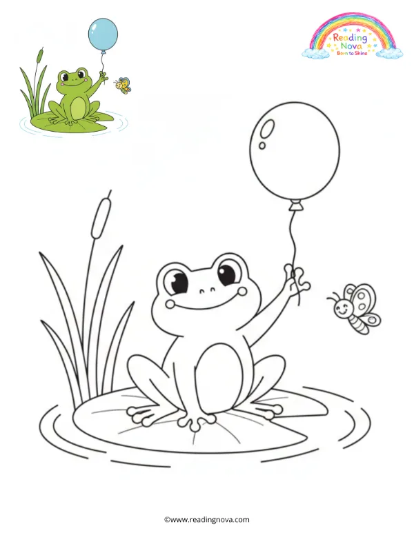 Free colouring page: Frog Playing with a Balloon