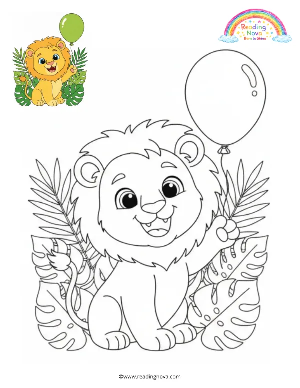 Free colouring page: Lion Cub Playing with a Balloon