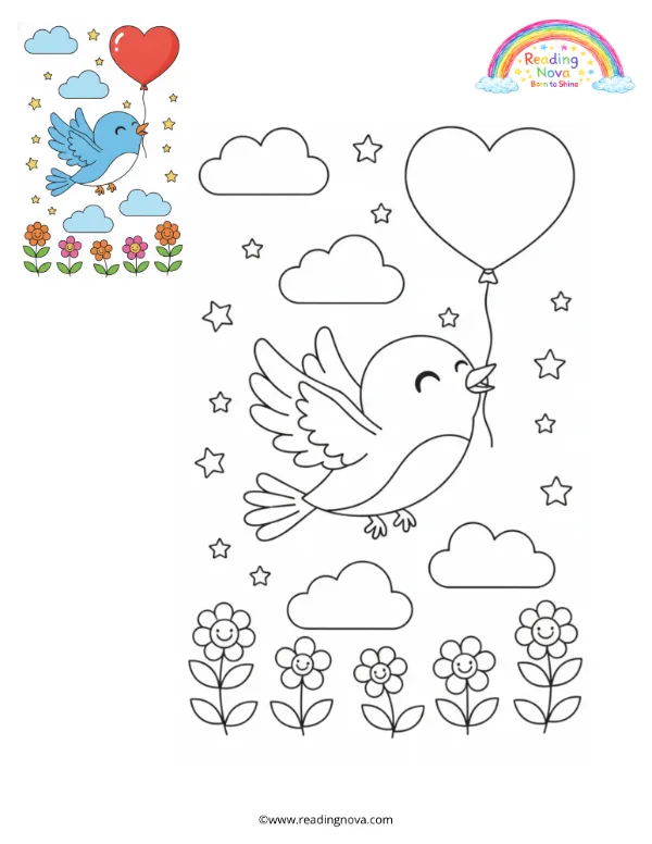 Free colouring page: Little Bird Flying with a Heart Balloon