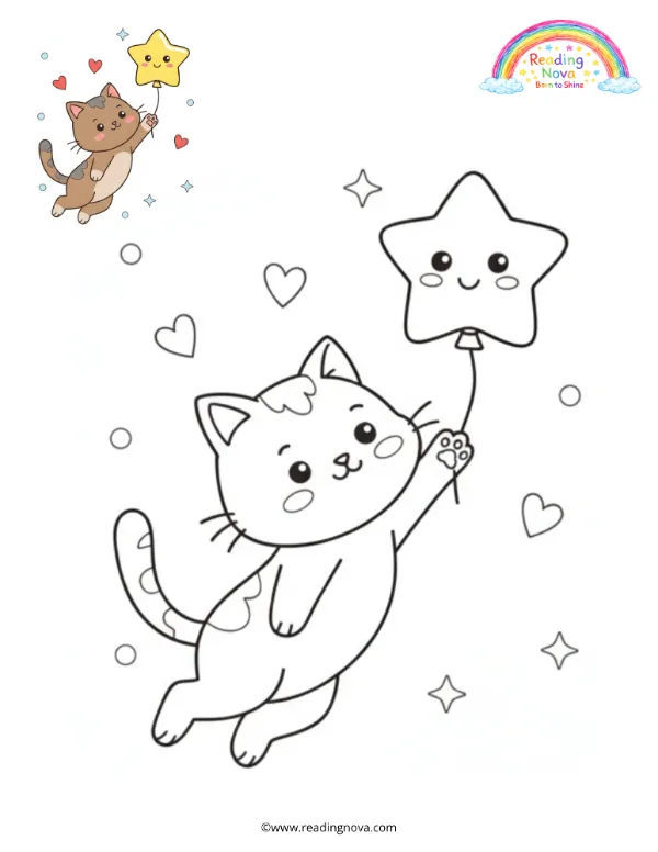 Free colouring page: Little Cat Chasing a Balloon