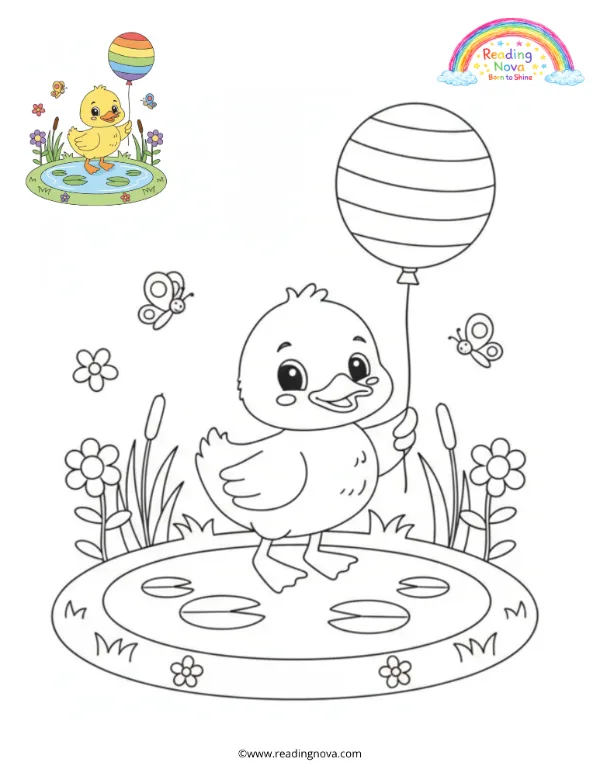 Free colouring page: Little Duckling with a Rainbow Balloon