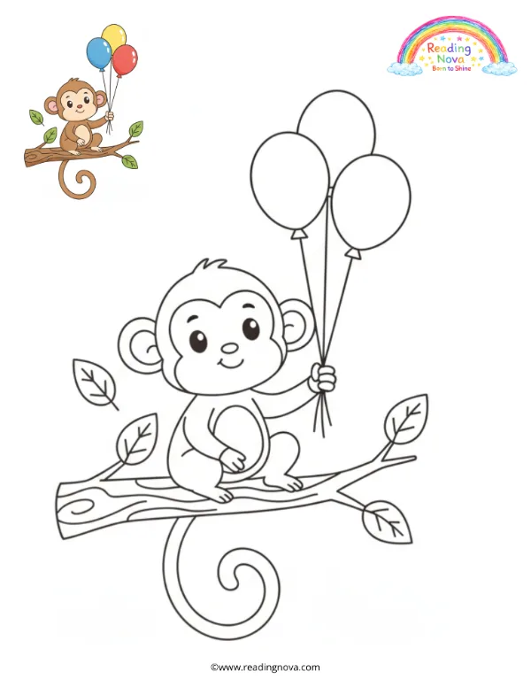 Free colouring page: Monkey Swinging with Balloons