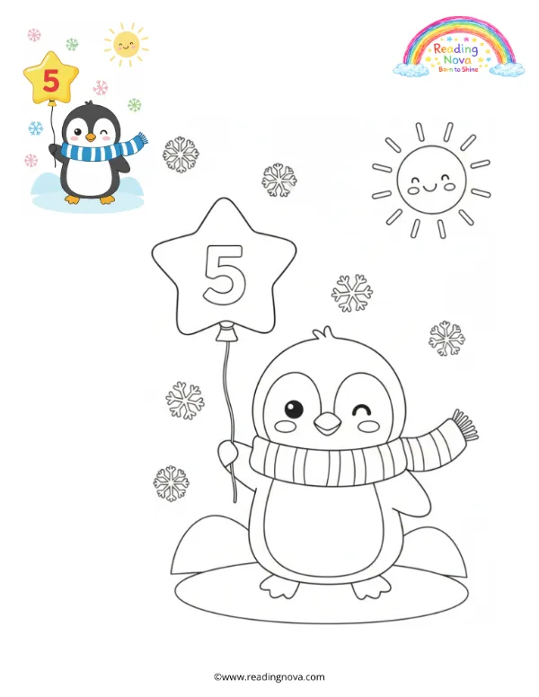 Free colouring page: Penguin with a Number Balloon