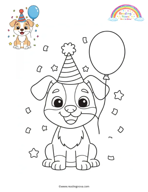 Free colouring page: Puppy Carrying a Birthday Balloon