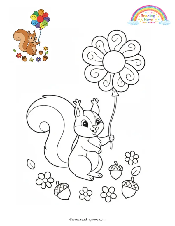Free colouring page: Squirrel Holding a Flower Balloon