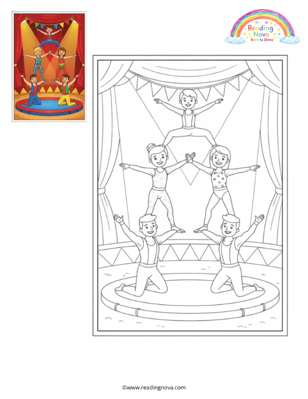 Free colouring page: Acrobats Forming a Human Pyramid