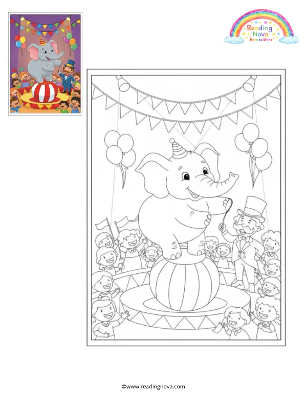Free colouring page: Elephant Balancing on a Ball
