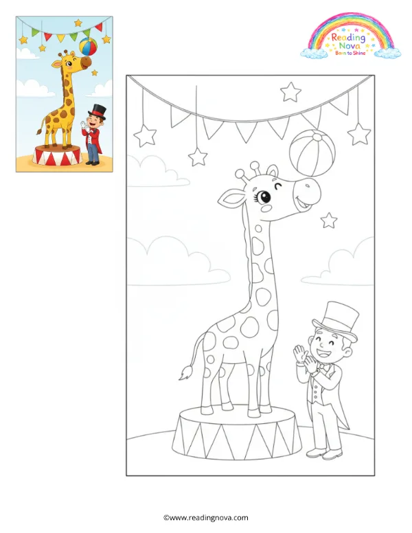 Free colouring page: Giraffe Performing a Circus Trick