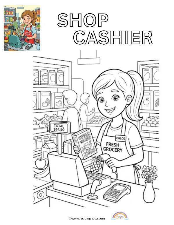 Free colouring page: Shop Cashier