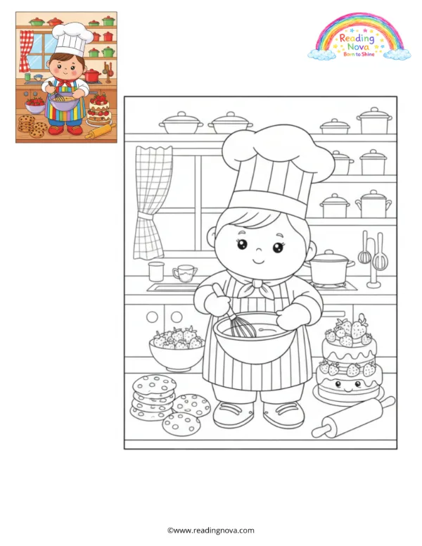 Free colouring page: Chef Doll in the Kitchen