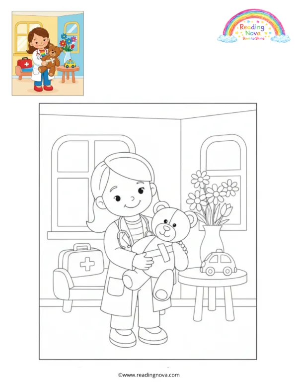 Free colouring page: Doctor Doll Helps Her Friends
