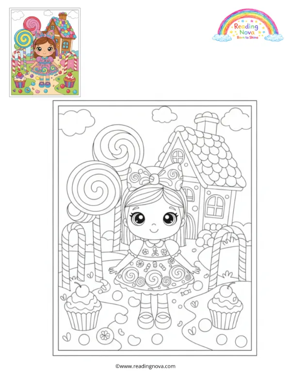 Free colouring page: Doll in a Candy Wonderland