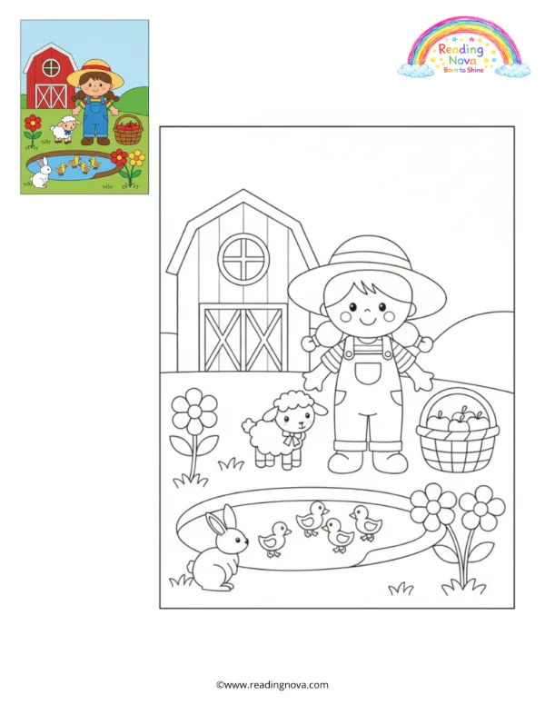 Free colouring page: Doll on a Farm