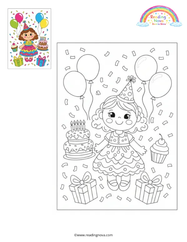 Free colouring page: Doll’s Birthday Party