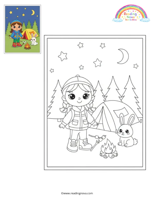 Free colouring page: Doll’s Camping Adventure
