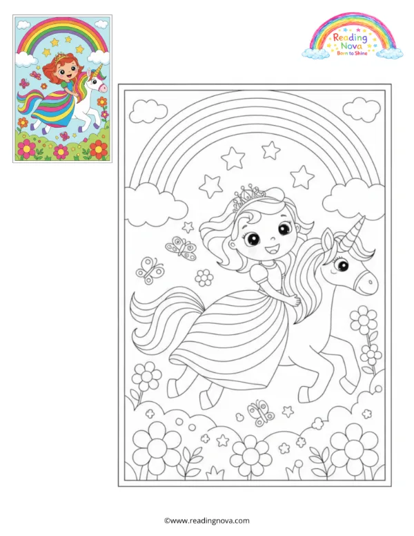 Free colouring page: Doll’s Magical Unicorn Ride