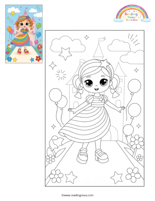 Free colouring page: Doll’s Rainbow Fashion Show