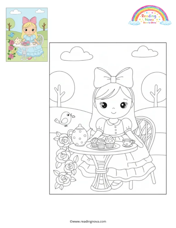 Free colouring page: Doll’s Royal Tea Party