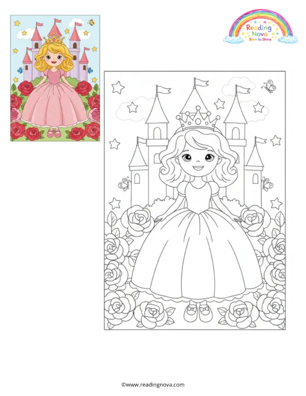 Free colouring page: Princess Doll in a Magical Castle