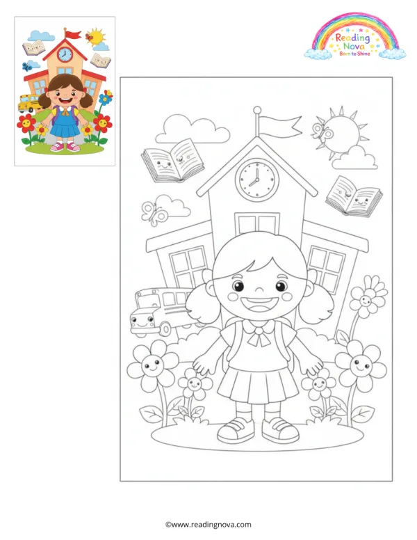 Free colouring page: Schoolgirl Doll’s First Day