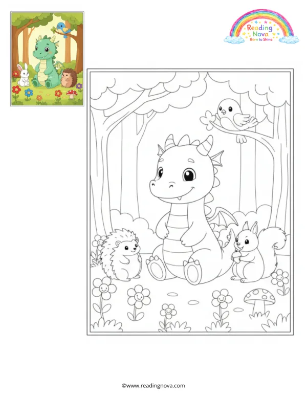 Free colouring page: Dragon and Forest Friends