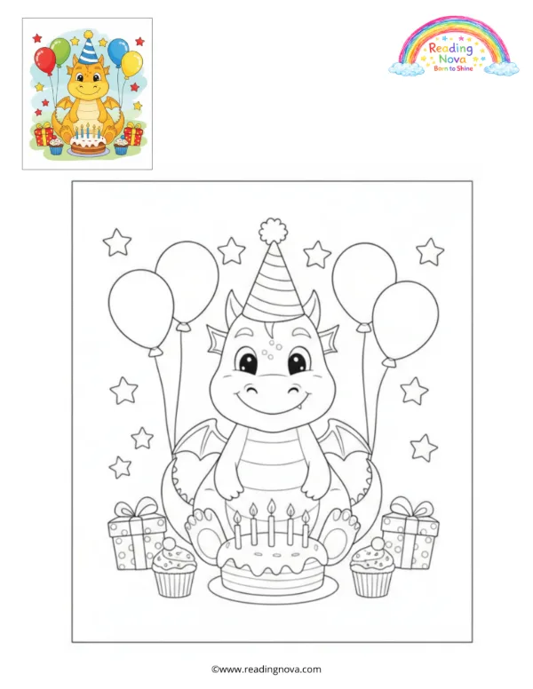 Free colouring page: Dragon’s Birthday Party