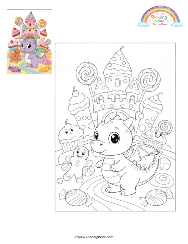 Free colouring page: Dragon’s Candy Castle