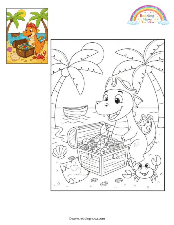 Free colouring page: Dragon’s Treasure Hunt