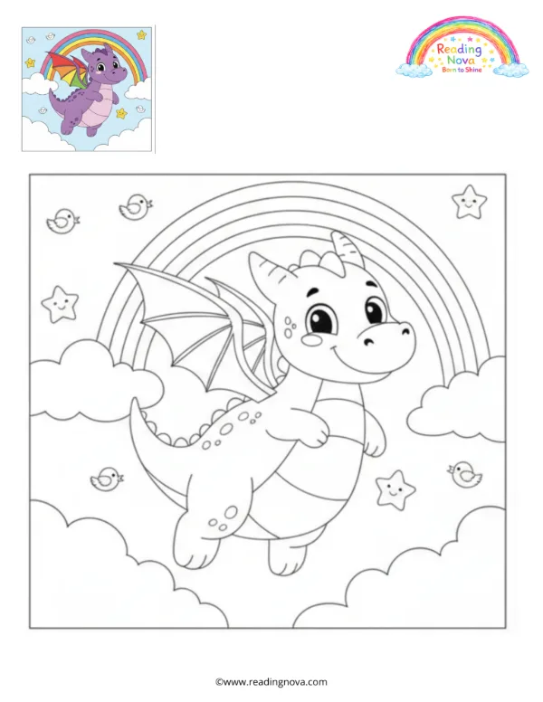 Free colouring page: Rainbow Dragon in the Sky