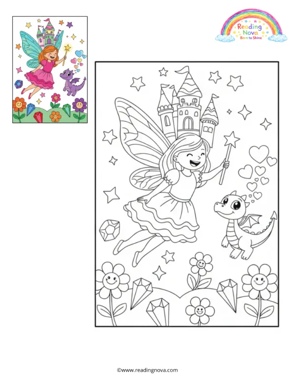 Free colouring page: Fairy and Baby Dragon