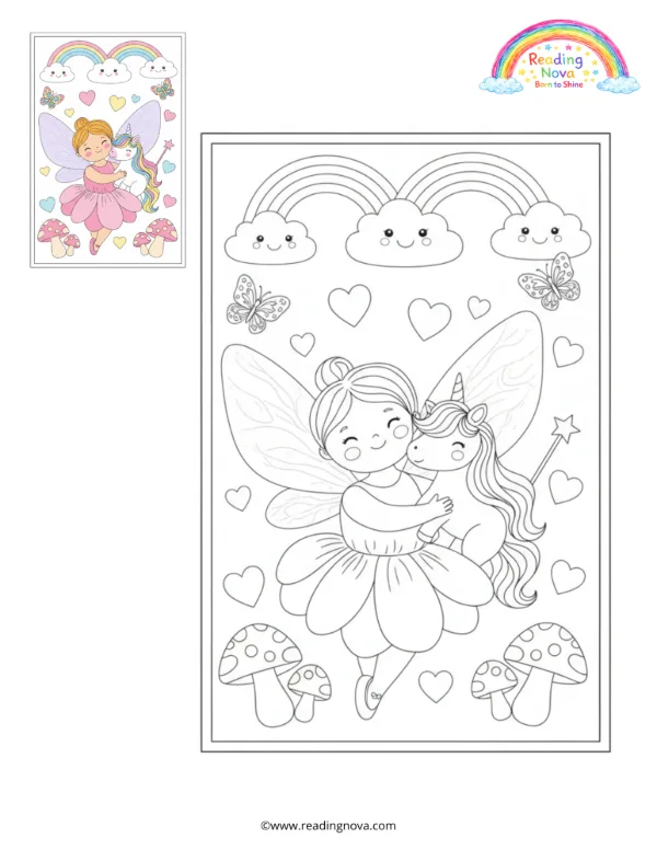 Free colouring page: Fairy and Baby Unicorn