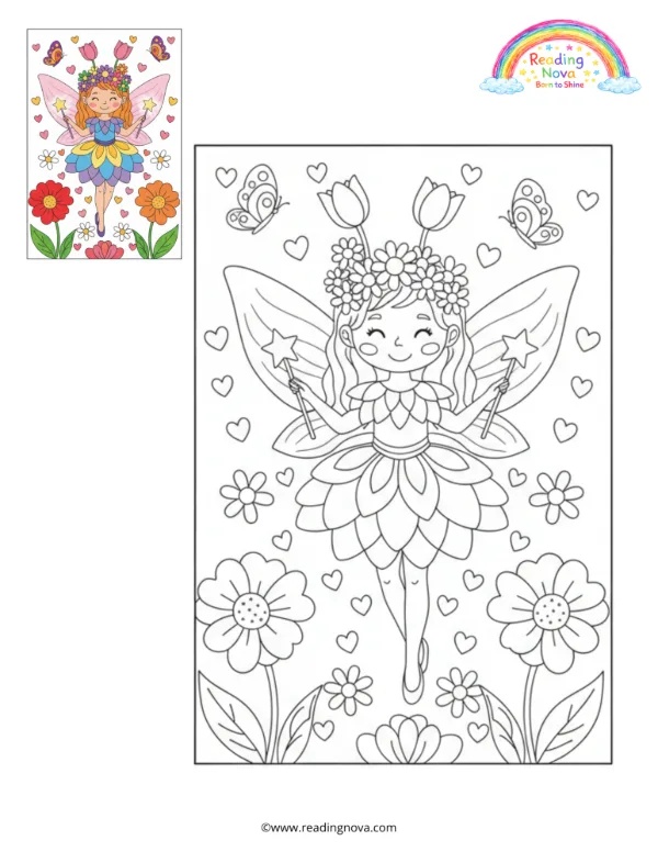 Free colouring page: Fairy in a Flower Garden