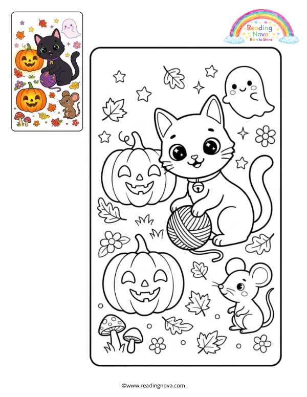Free colouring page: Black Cat and Glowing Lantern