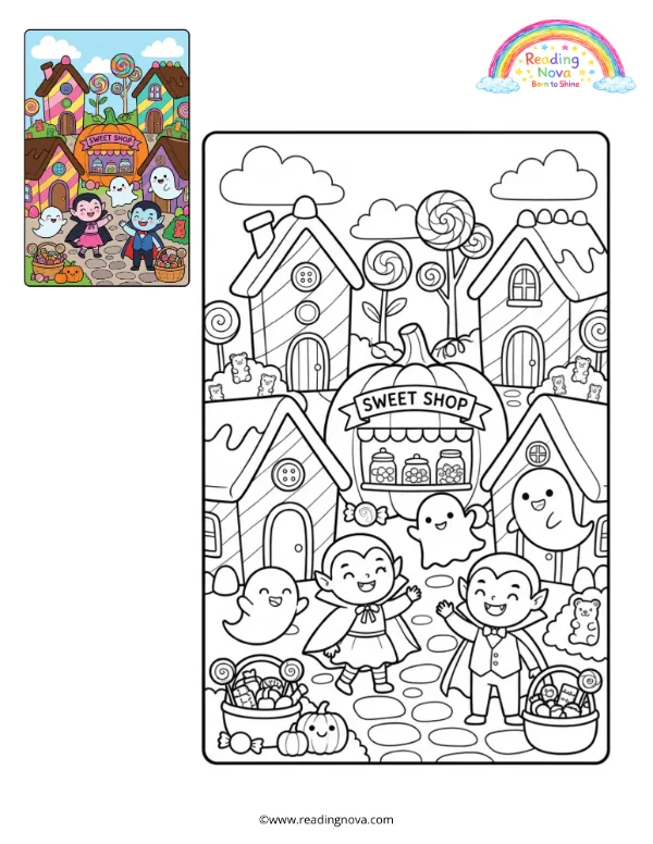 Free colouring page: Halloween Candy Town