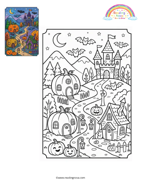 Free colouring page: Halloween Mountain Village