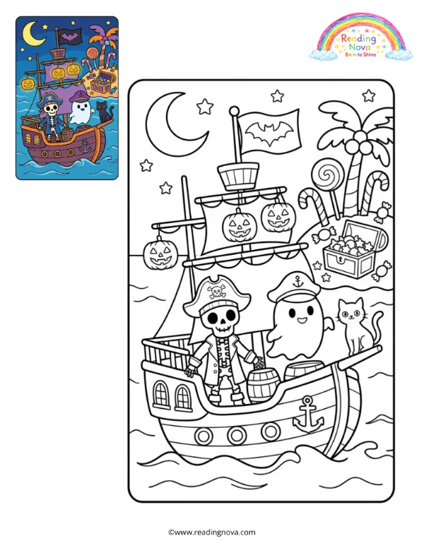 Free colouring page: Halloween Pirate Ship