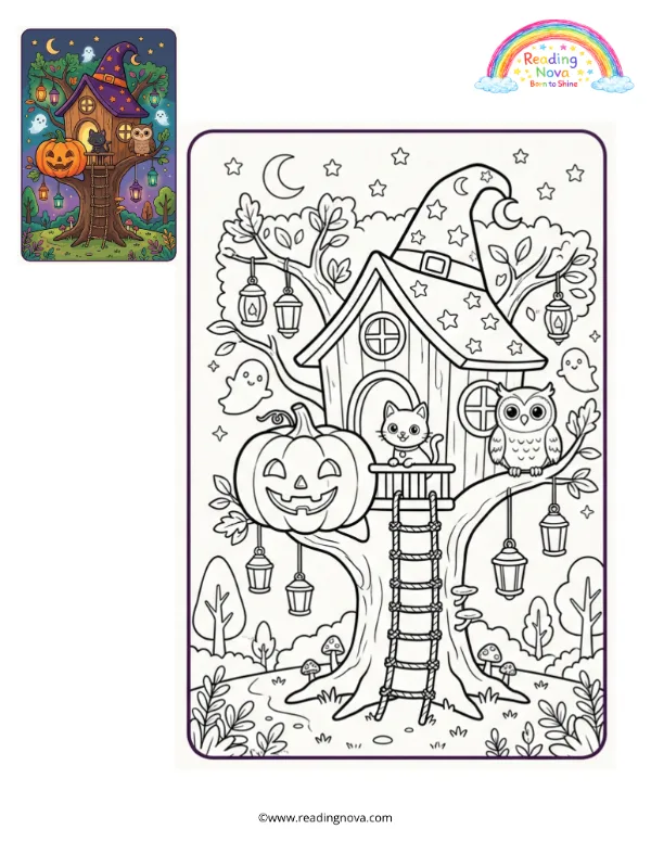 Free colouring page: Halloween Treehouse