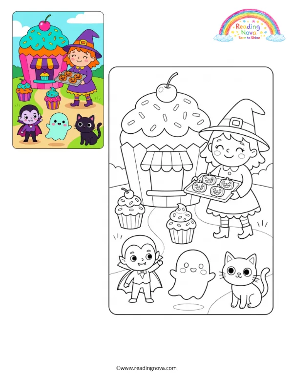 Free colouring page: Magical Halloween Bakery