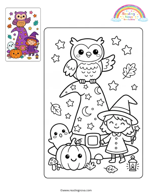 Free colouring page: Owl on the Witch’s Hat