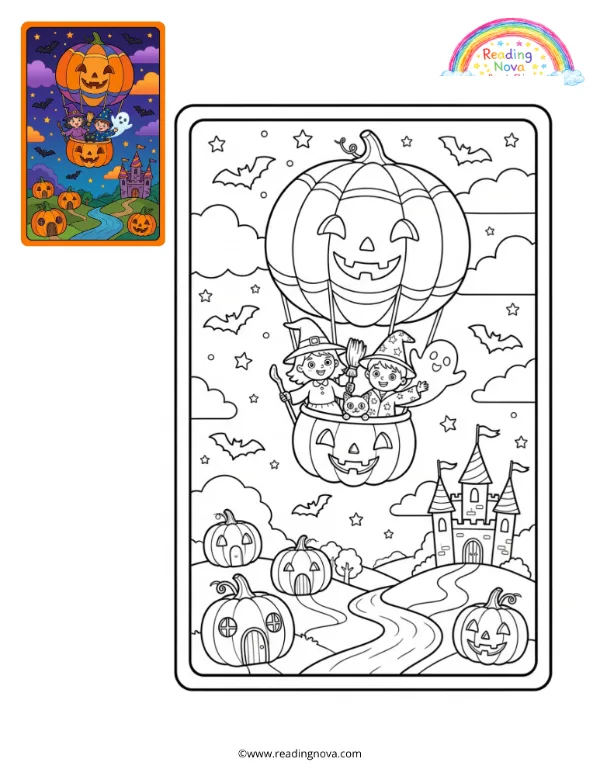 Free colouring page: Pumpkin Hot-Air Balloon