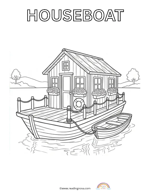Free colouring page: Houseboat