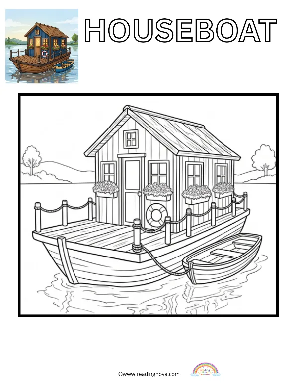 Free colouring page: Houseboat