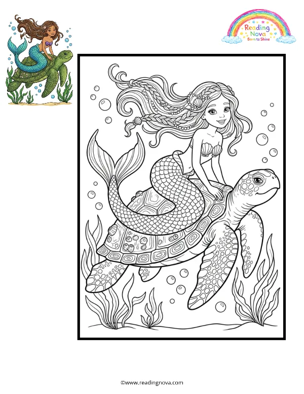 Free colouring page: Mermaid and the Sea Turtle