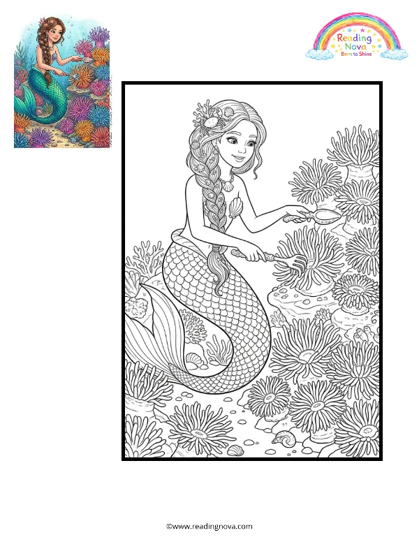 Free colouring page: Mermaid’s Coral Garden