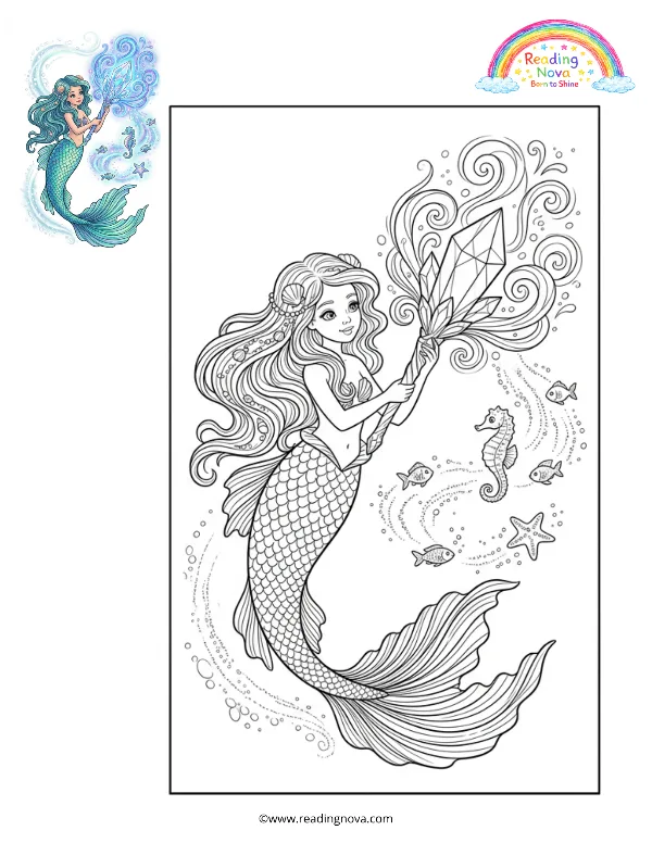 Free colouring page: Mermaid’s Crystal Magic